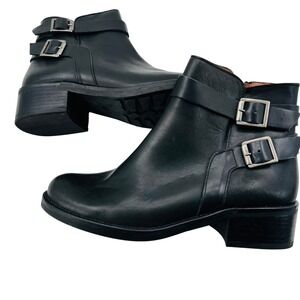 Tara M. Leather Ankle Boots Black Buckle Straps & Side‎ Zippers sz 38 7.5 US